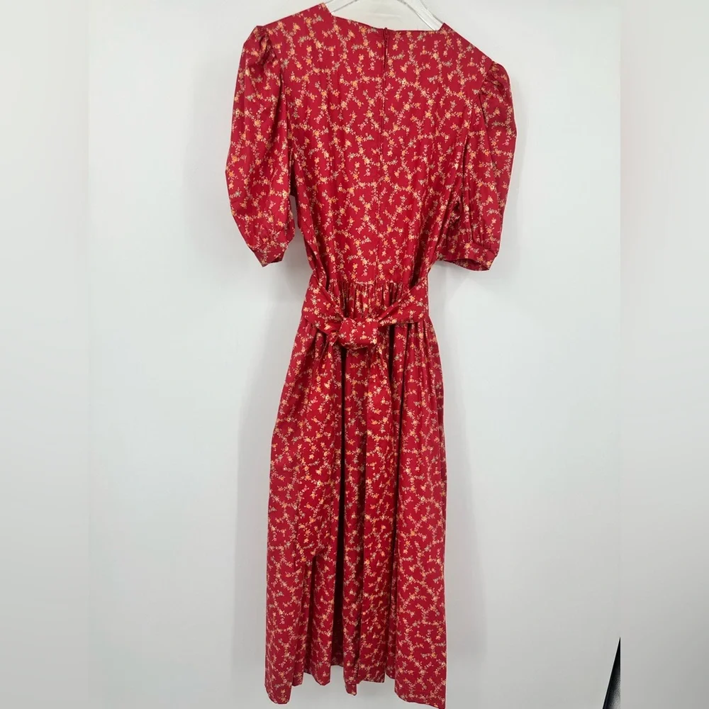 VTG 80s Lauren Ashley Puff Sleeves Red Floral Midi Dress 8 Cottagecore | AM584 - Picture 6 of 9